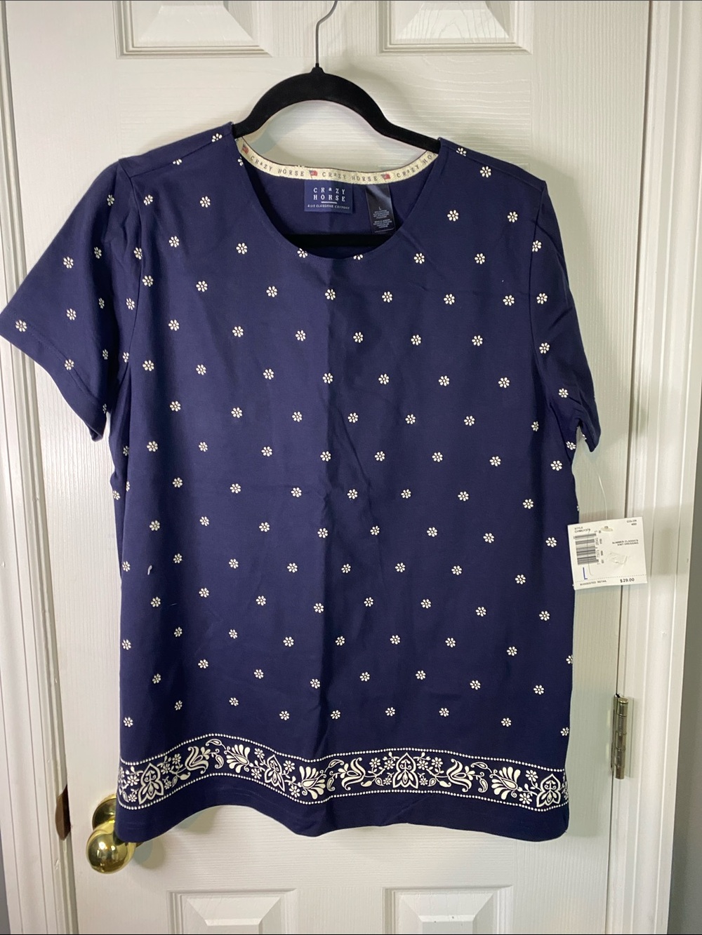 Crazy Horse Navy Blue Short Sleeve Top with White Floral Border Size Large.